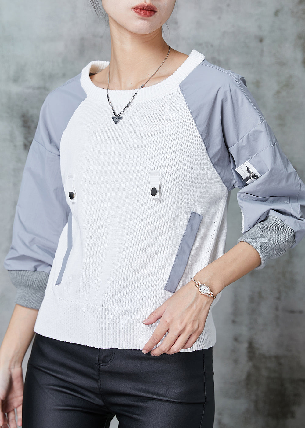 Colorblock O-neck Patchwork Knit Sweatshirt Spring