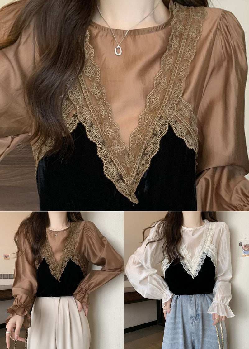 Khaki Patchwork Lace Silk Velour Shirt Top O-neck Lantern Sleeve
