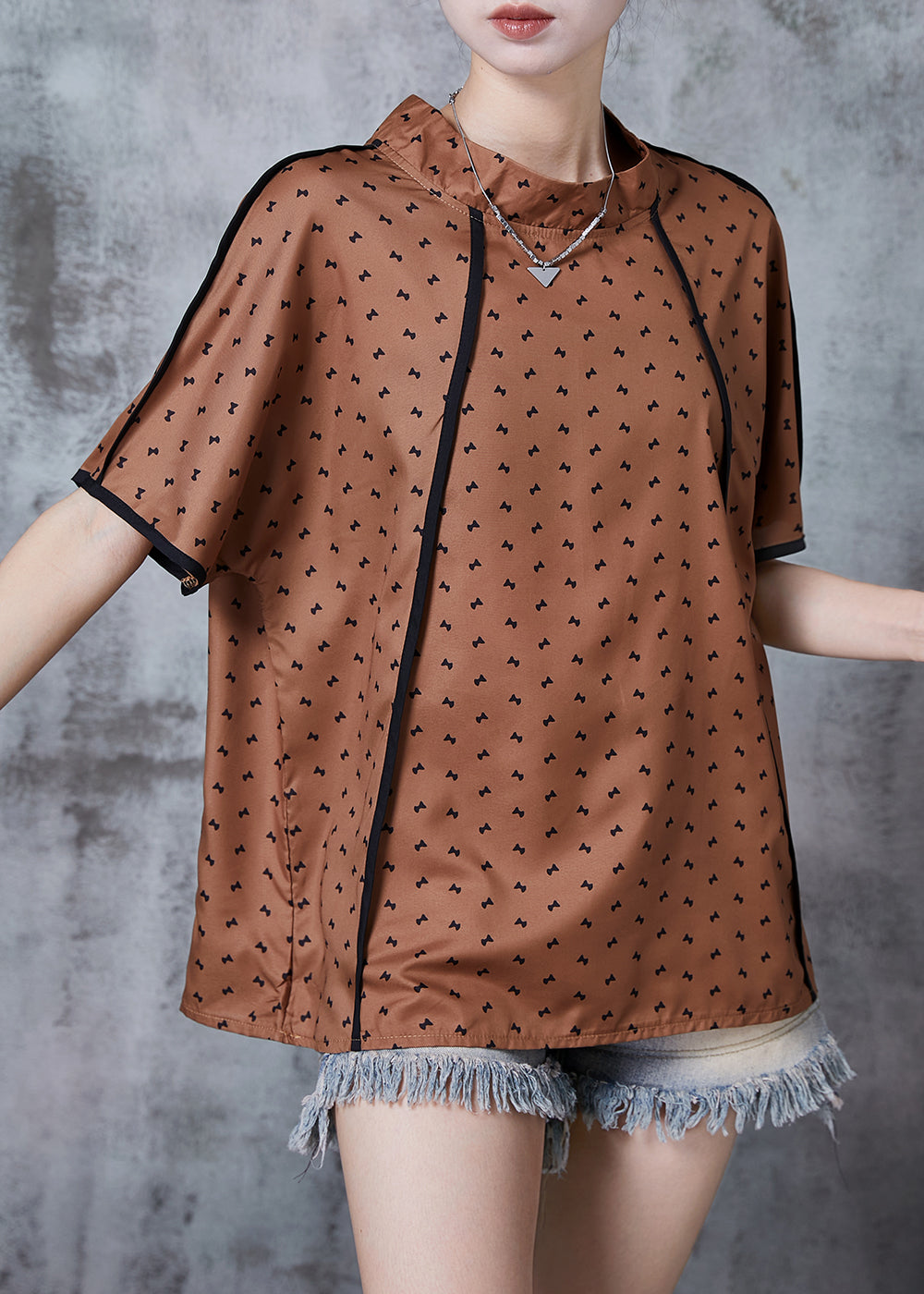 Brown Stand Collar Print Cotton Tanks Summer