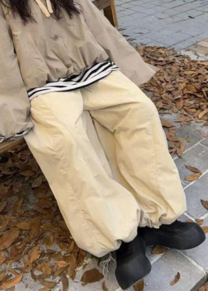 Apricot Drawstring Elastic Waist Cotton Filled Wide Leg Pants Winter