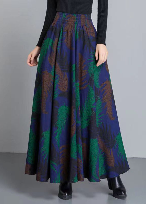 Colorblock Print Pockets Elastic Waist Cotton Skirt Winter