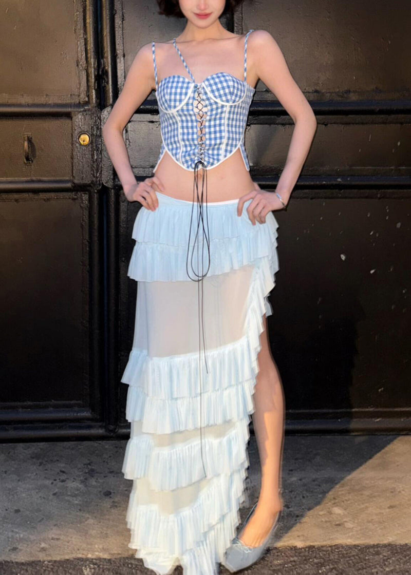 Blue Plaid Tank and Ruffled White Skirts Cotton Two Pieces Set Sleeveless