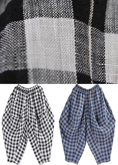 Black White Plaid Cotton Linen Harem Pants Summer