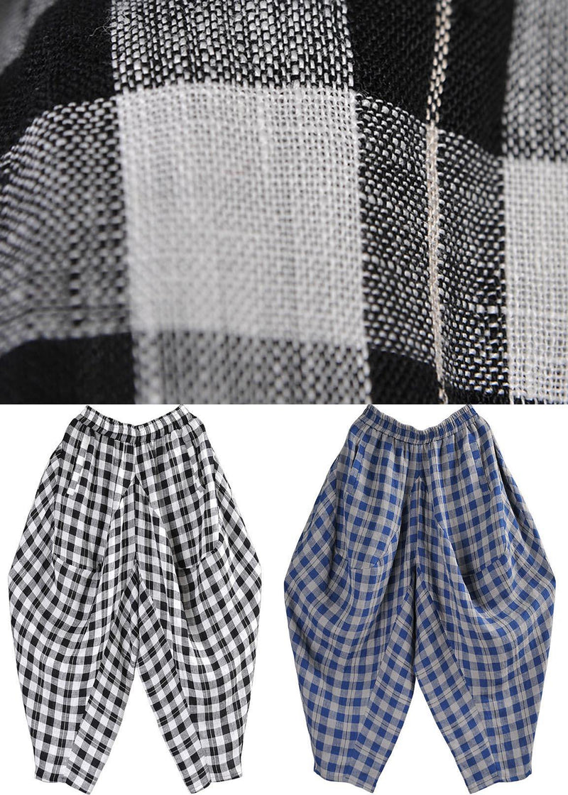 Black White Plaid Cotton Linen Harem Pants Summer