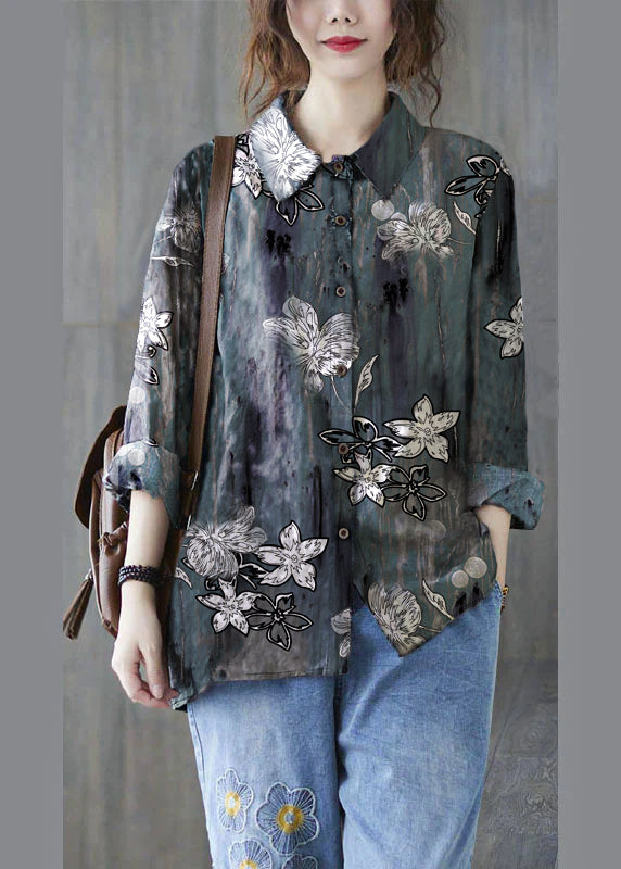 Unique Yellow Leopard Print Peter Pan Collar Button Print Fall Blouses Long Sleeve