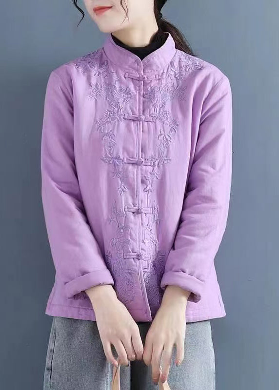 Purple Embroidered Oriental Button Fine Cotton Filled Coats Spring