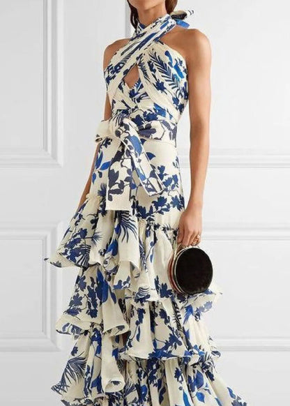 European and American Vacation Style Ruffled Print Dress Sleeveless