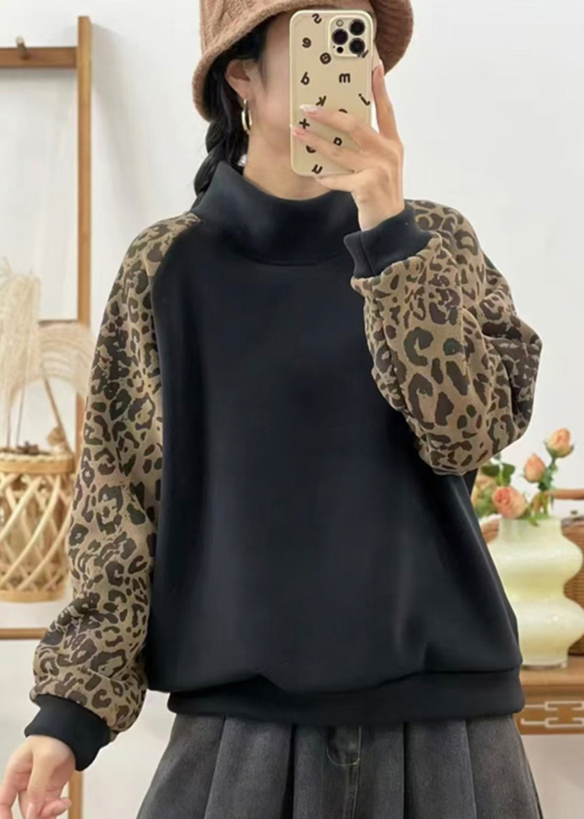Red Hign Neck Leopard Patchwork Warm Fleece Sweatshirts Top Winter