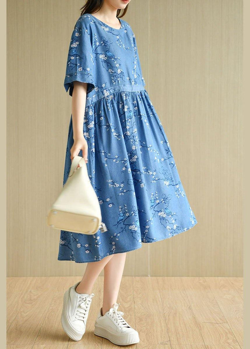 Modern Denim Blue O-neck Print Summer Cotton Dress Short Sleeve