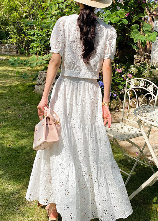 White V Neck Hollow Out Cotton Tops and Skirts Two Pieces Set Summer