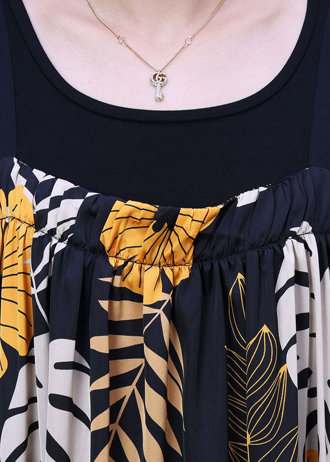 Italian Black Pockets Print Silk Pleated Spaghetti Strap Dress and Tank Two Pieces Set Summer