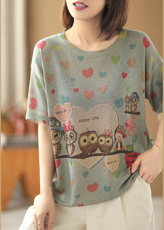 Boutique Light Blue O-neck Animal Print Draping Linen Knit Tank Tops Short Sleeve