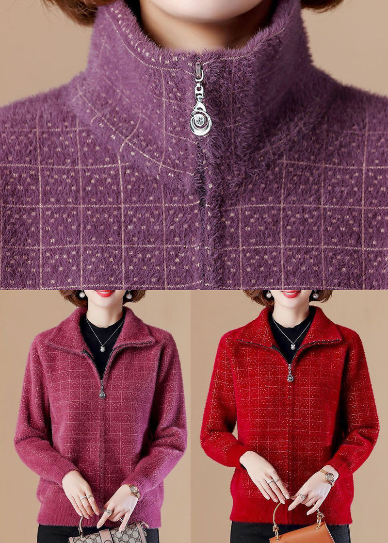 Mulberry Zip Up Pockets Mink Hair Knitted Coats Long Sleeve