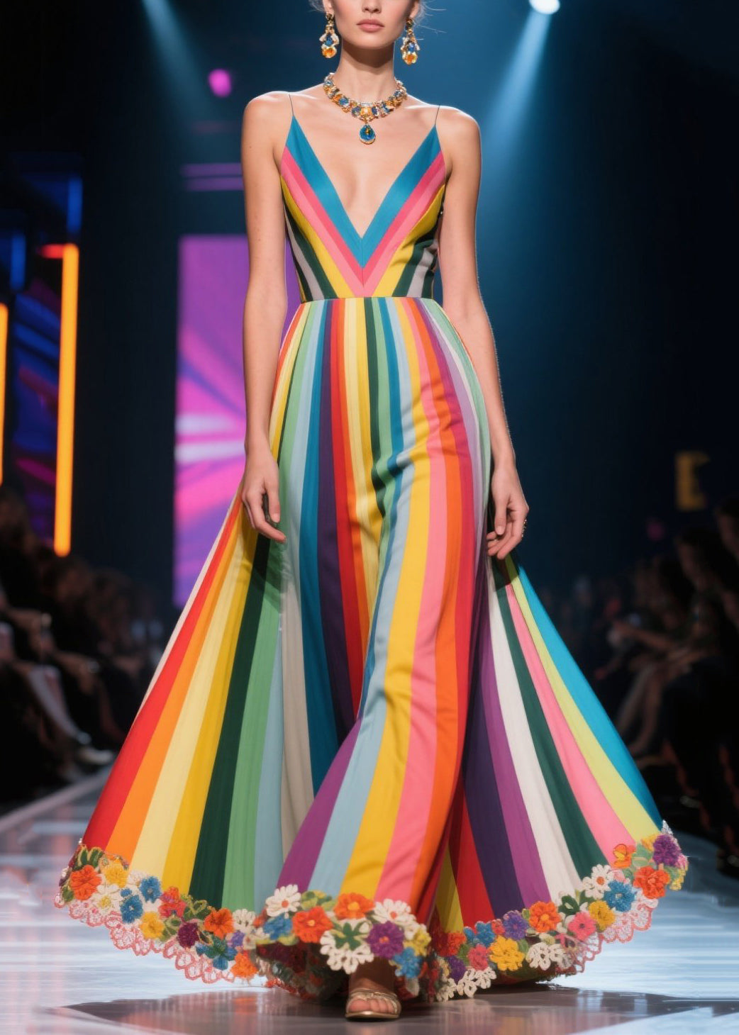 Multicolour Striped Flower Decorated Exra Large Hem Dinner Dresses Summer