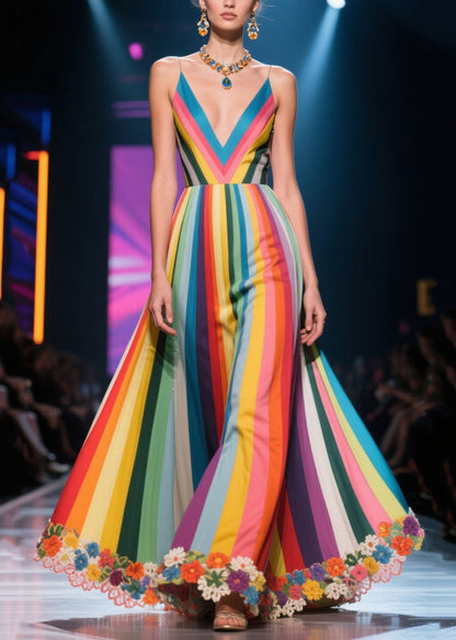 Multicolour Striped Flower Decorated Exra Large Hem Dinner Dresses Summer