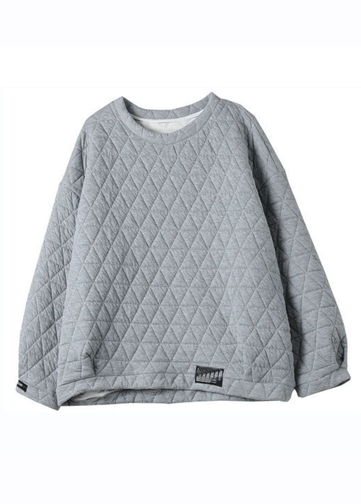 Simple Grey O-neck Patchwork Fleece Sweatshirts Long Sleeve