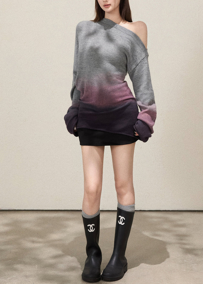 Grey Cold Shoulder Tie Dye Knitted Tops Fall