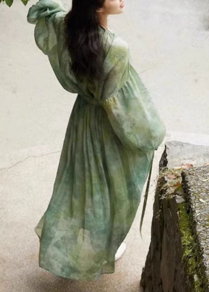Loose Grass Green O-neck Tie Dye Button Shirts and Skirts Two Piece Set Long Sleeve