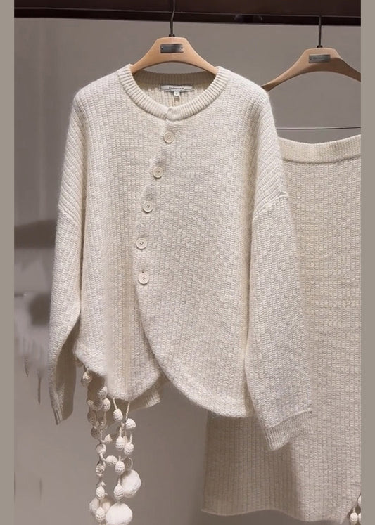 Stylish Light Grey Asymmetrical Tassel Patchwork Cotton Knit Sweaters and Maxi Skirts Two Pieces Set Winter