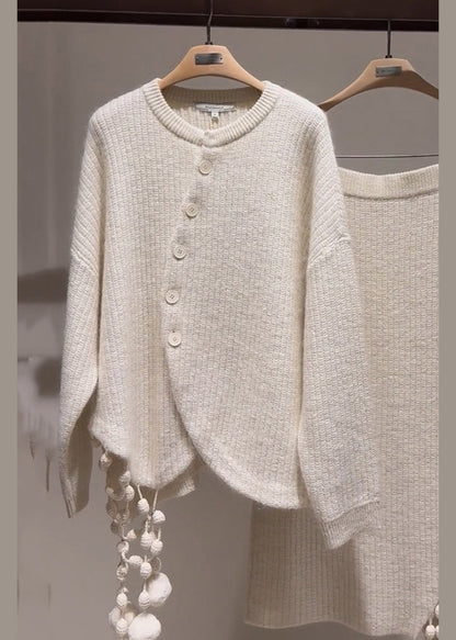 Stylish Light Grey Asymmetrical Tassel Patchwork Cotton Knit Sweaters and Maxi Skirts Two Pieces Set Winter