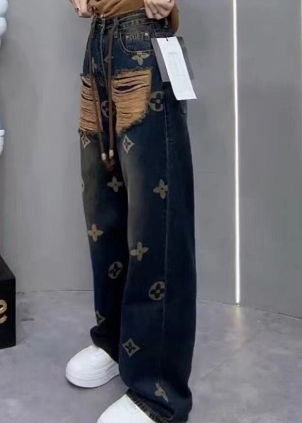 New Ripped Printed Denim Straight Leg Pants for Spring