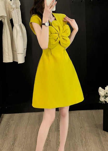 Style Yellow O Neck Decorated Cotton Dress Summer