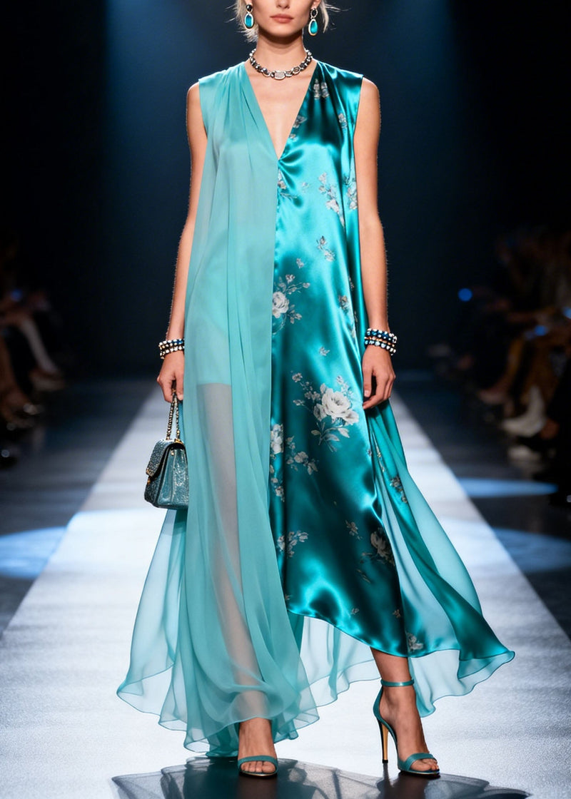 Loose V Neck Print Patchwork Chiffon Dress Summer