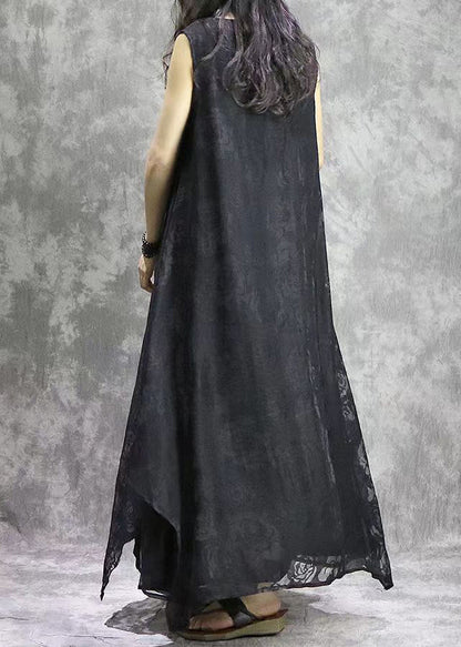 Black V Neck Exra Large Hem Silk Beach Dress Sleeveless