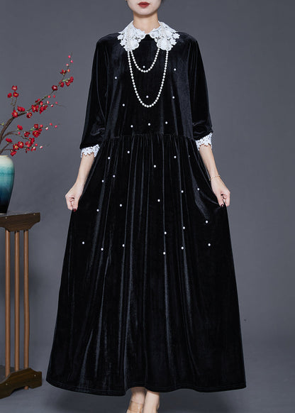 Loose Black Lace Patchwork Nail Bead Silk Velour Long Dresses Spring