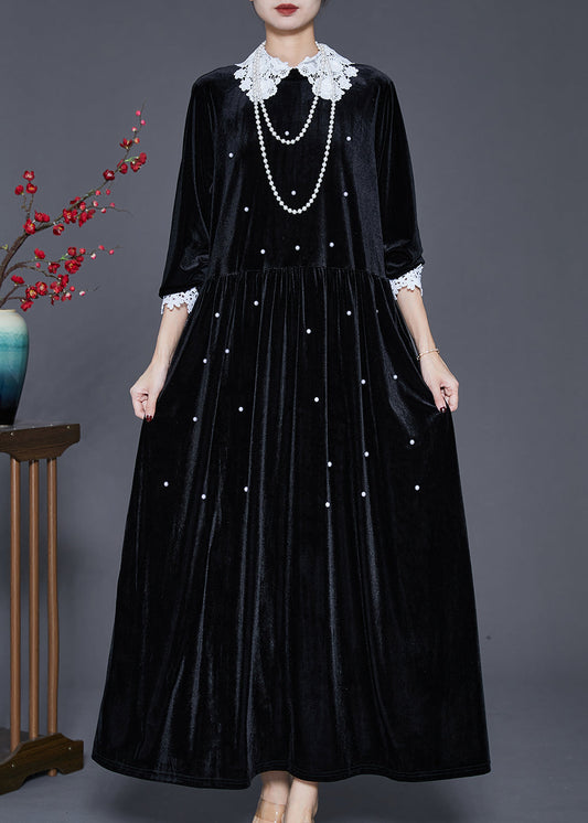 Loose Black Lace Patchwork Nail Bead Silk Velour Long Dresses Spring