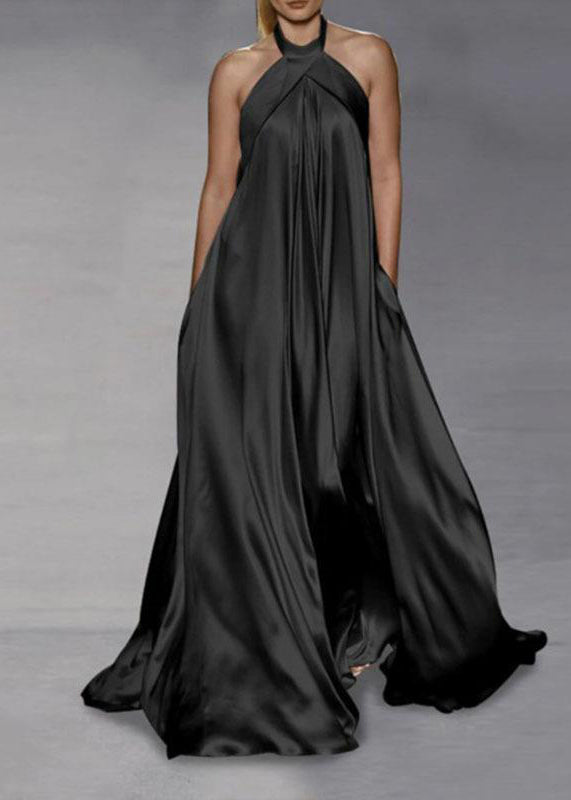 Italian Black Halter Patchwork Silk Long Dress Summer