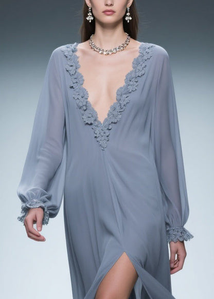 Blue Lace Side Open Chiffon Dress V Neck Butterfly Sleeve Spring