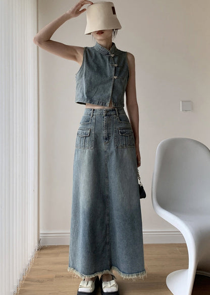 Boutique Blue Stand Collar Tops and Skirts Denim Two Pieces Set Sleeveless