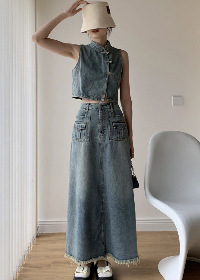 Boutique Blue Stand Collar Tops and Skirts Denim Two Pieces Set Sleeveless