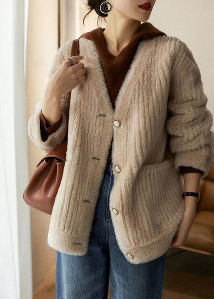 White V Neck Pockets Patchwork Wool Coats Winter