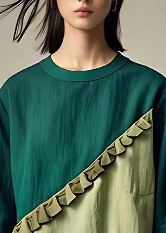 Green O-neck Ruffled Patchwork Top Bracelet Sleeve