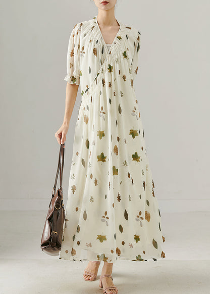 White V Neck Print Chiffon Maxi Dress Summer