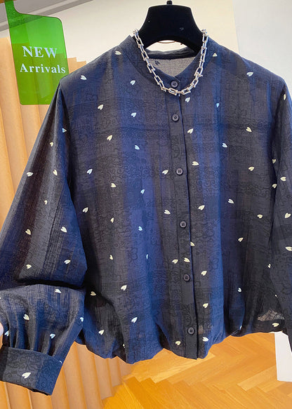 Black O Neck Jacquard Button Cotton Blouses Fall