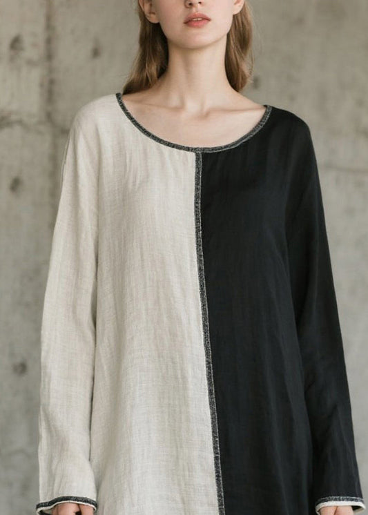 Art O-neck Asymmetrical Patchwork Cotton Maxi Dresses Spring