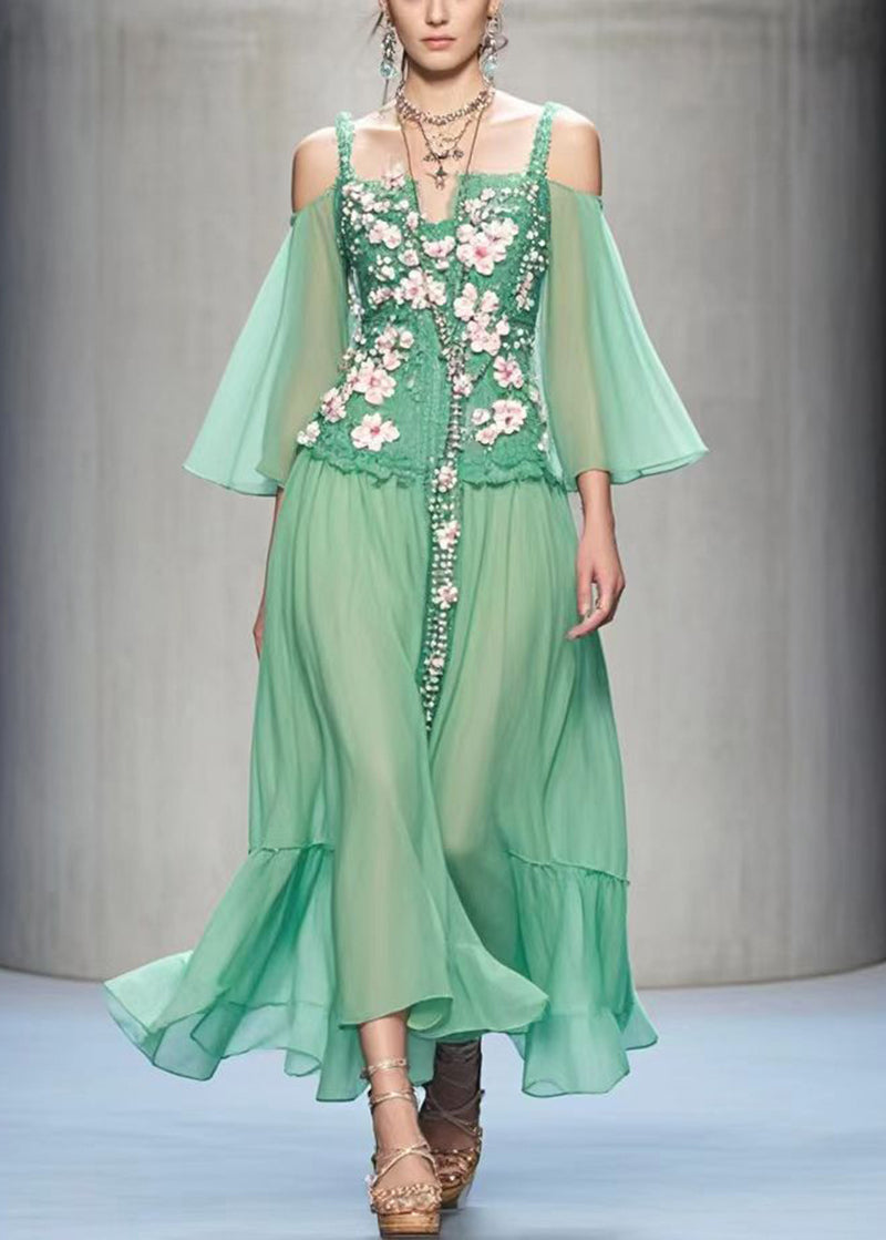 Style Green Cold Shoulder Three-dimensional Chiffon Dress Summer