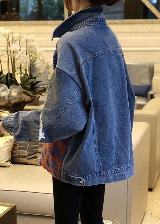 Blue Patchwork Denim Hole Loose Fall Knit Knitted Sweaters