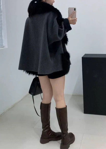 Stylish Black Fur Collar Patchwork Leather and Fur Coats Winter