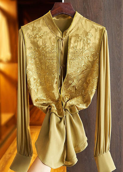 Yellow Patchwork Silk Tops Embroideried False Two Pieces Spring