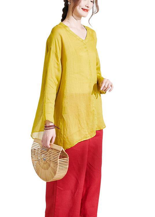 Yellow V Neck Asymmetrical Design Summer Ramie Shirt Long Sleeve