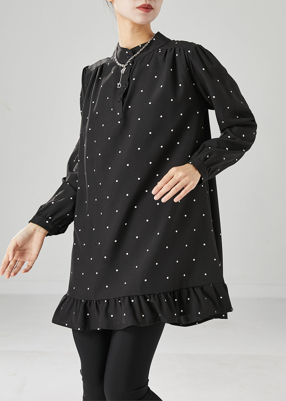 Black Dot Print Ruffles Cotton Mini Dresses Fall