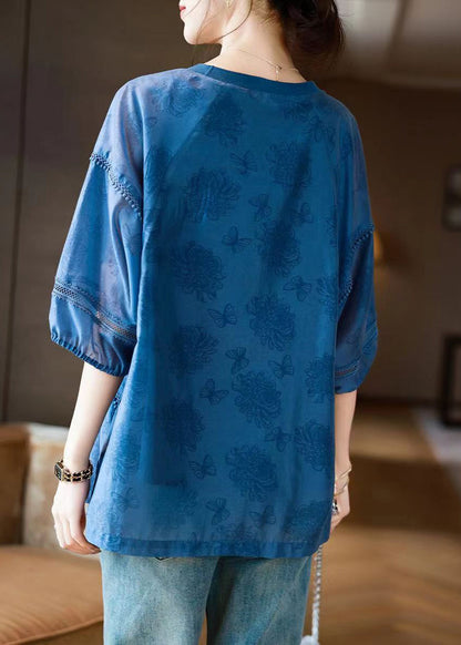 Handmade Blue O-neck Butterfly Print Top Bracelet Sleeve