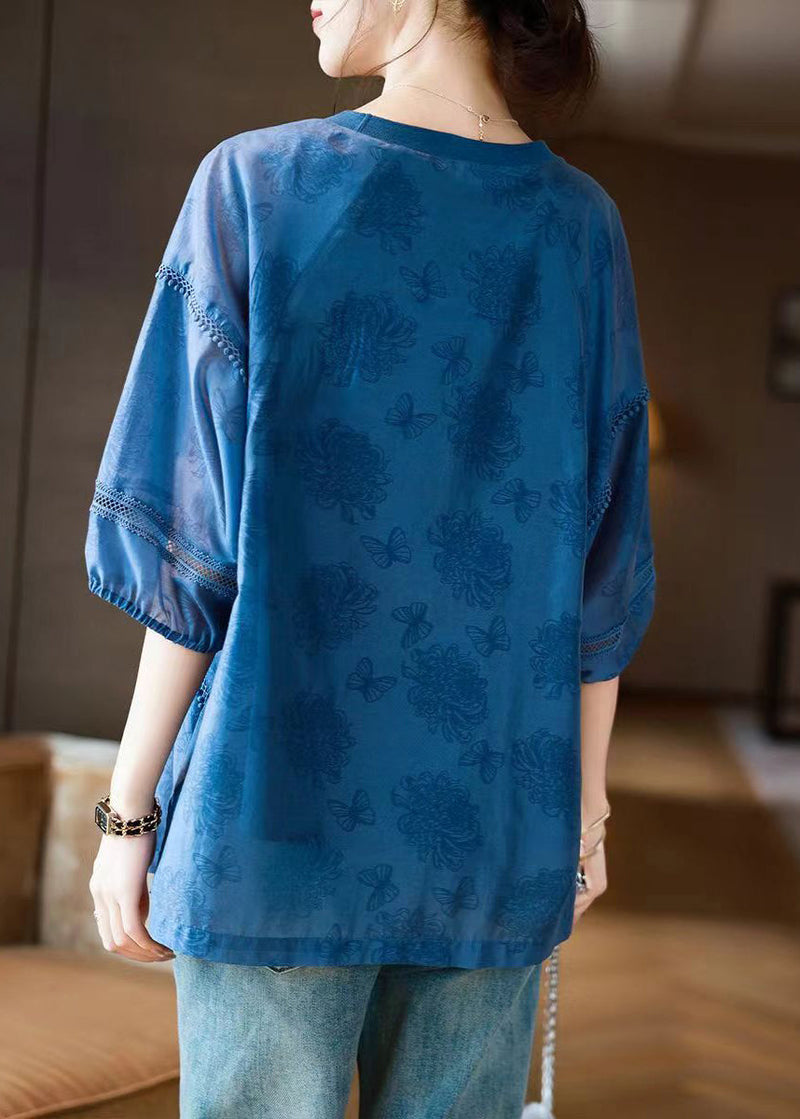 Handmade Blue O-neck Butterfly Print Top Bracelet Sleeve