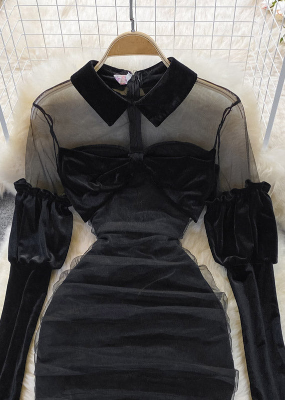 Black Peter Pan Collar Tulle Patchwork Bow Velour Hip Dress Long Sleeve