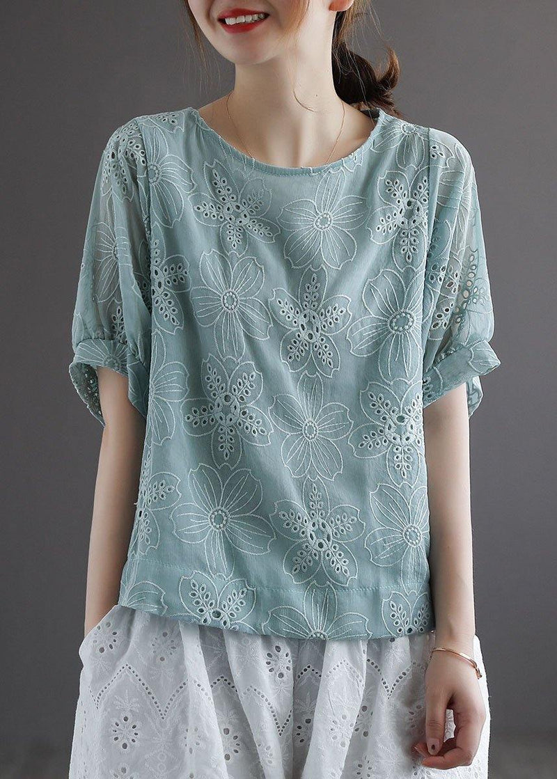 Blue Embroideried Summer Blouses Half Sleeve