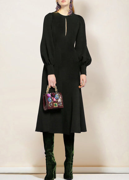 Black O-neck Cotton Dress Lantern Sleeve
